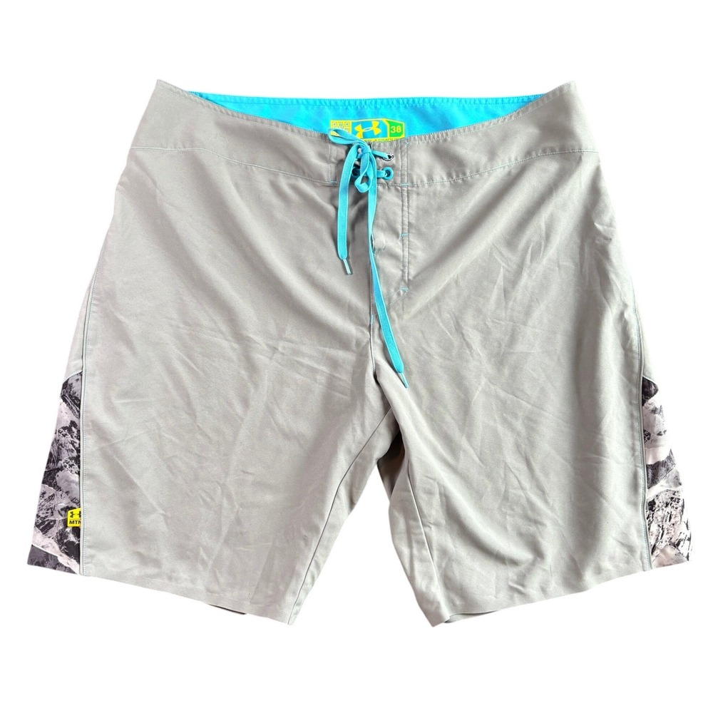 Under Armour Mens Gray Turquoise Mountain Graphic Board Shorts Size 38 Swim Surf